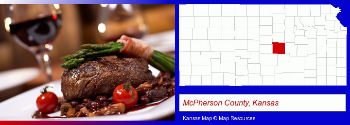 a steak dinner; McPherson County, Kansas highlighted in red on a map