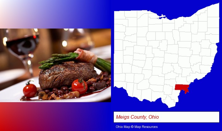 a steak dinner; Meigs County, Ohio highlighted in red on a map
