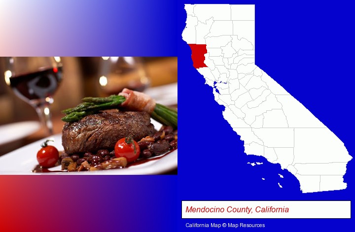 a steak dinner; Mendocino County, California highlighted in red on a map