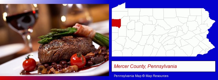 a steak dinner; Mercer County, Pennsylvania highlighted in red on a map