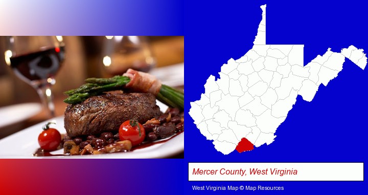 a steak dinner; Mercer County, West Virginia highlighted in red on a map