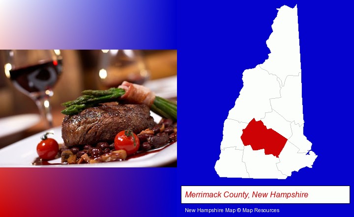 a steak dinner; Merrimack County, New Hampshire highlighted in red on a map