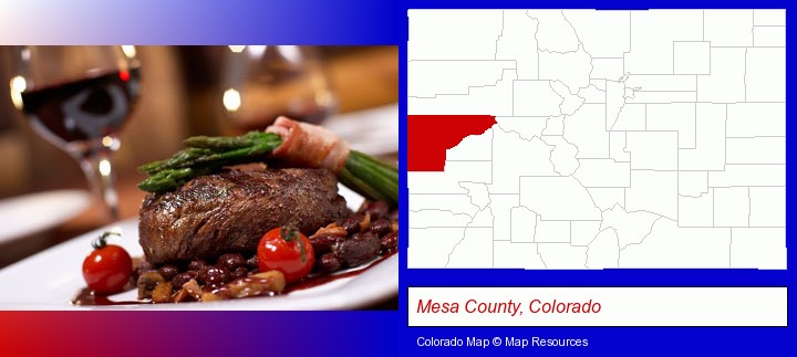 a steak dinner; Mesa County, Colorado highlighted in red on a map