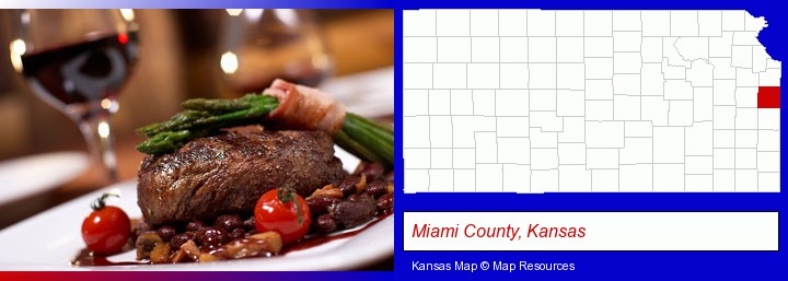 a steak dinner; Miami County, Kansas highlighted in red on a map