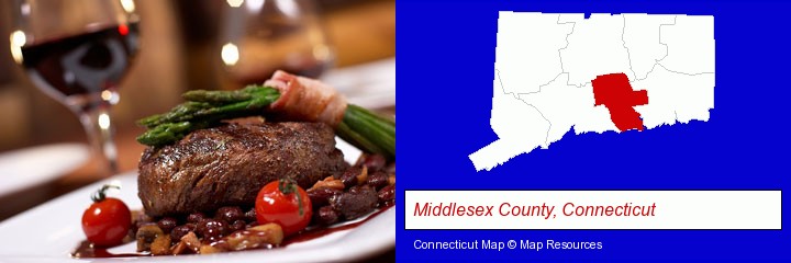 a steak dinner; Middlesex County, Connecticut highlighted in red on a map