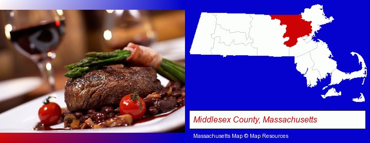 a steak dinner; Middlesex County, Massachusetts highlighted in red on a map