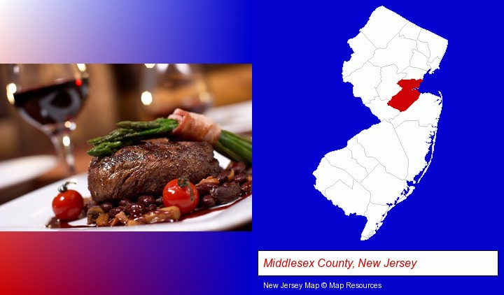 a steak dinner; Middlesex County, New Jersey highlighted in red on a map
