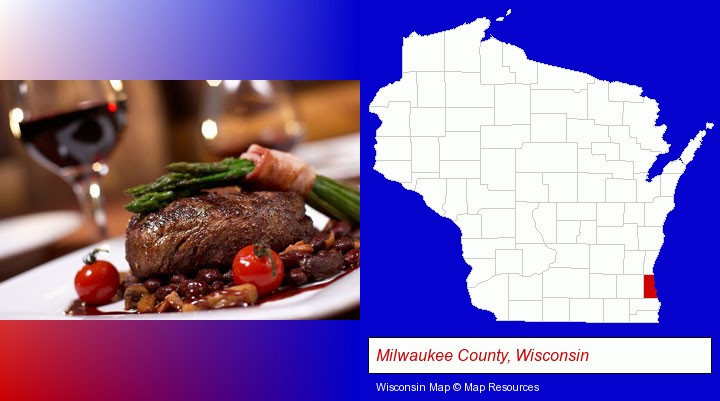 a steak dinner; Milwaukee County, Wisconsin highlighted in red on a map