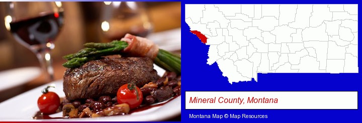 a steak dinner; Mineral County, Montana highlighted in red on a map