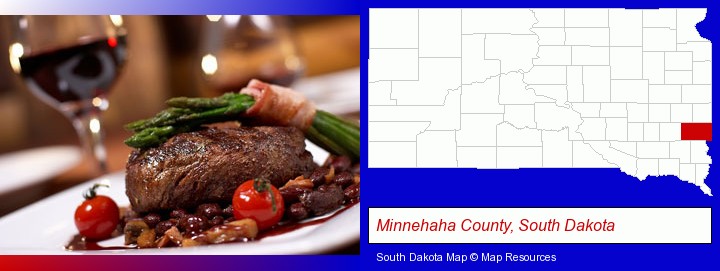 a steak dinner; Minnehaha County, South Dakota highlighted in red on a map