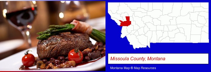 a steak dinner; Missoula County, Montana highlighted in red on a map