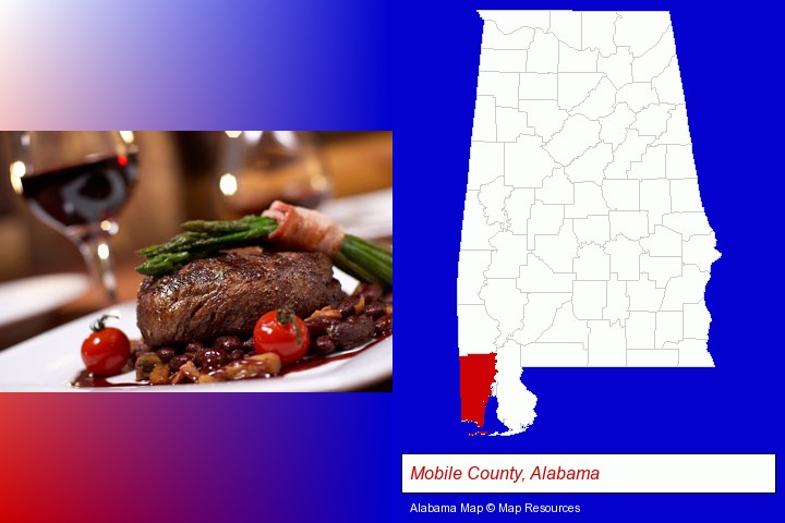 a steak dinner; Mobile County, Alabama highlighted in red on a map