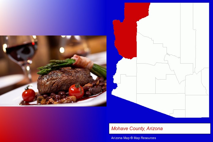 a steak dinner; Mohave County, Arizona highlighted in red on a map