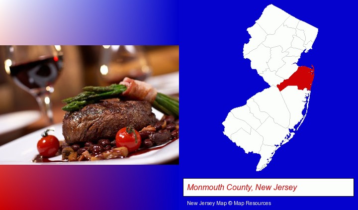 a steak dinner; Monmouth County, New Jersey highlighted in red on a map