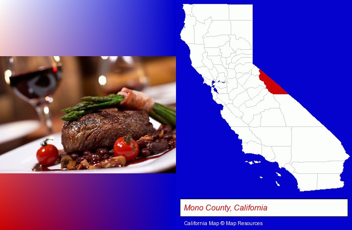 a steak dinner; Mono County, California highlighted in red on a map