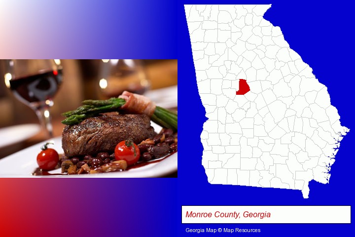 a steak dinner; Monroe County, Georgia highlighted in red on a map
