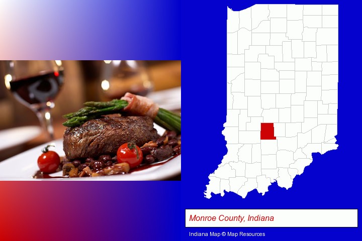 a steak dinner; Monroe County, Indiana highlighted in red on a map