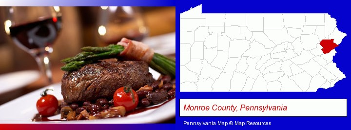 a steak dinner; Monroe County, Pennsylvania highlighted in red on a map