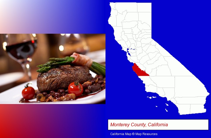 a steak dinner; Monterey County, California highlighted in red on a map