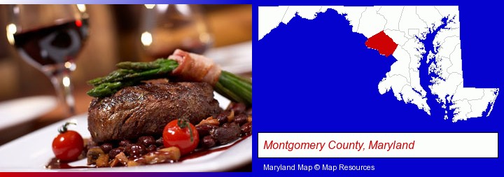 a steak dinner; Montgomery County, Maryland highlighted in red on a map