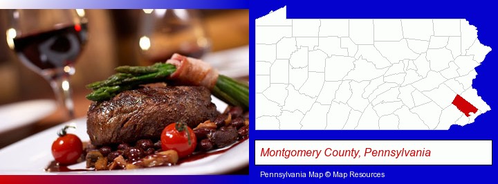 a steak dinner; Montgomery County, Pennsylvania highlighted in red on a map