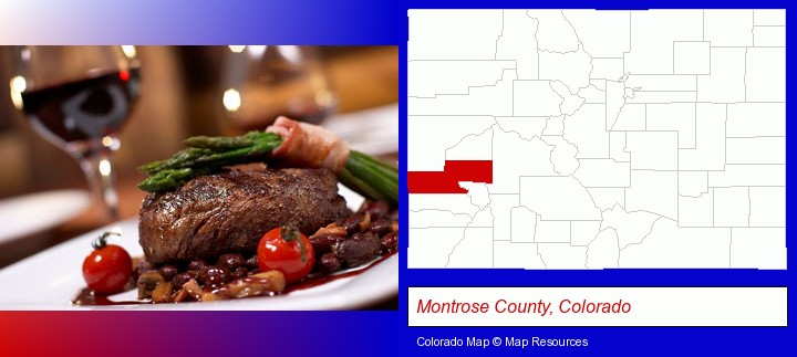 a steak dinner; Montrose County, Colorado highlighted in red on a map