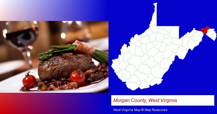 a steak dinner; Morgan County, West Virginia highlighted in red on a map