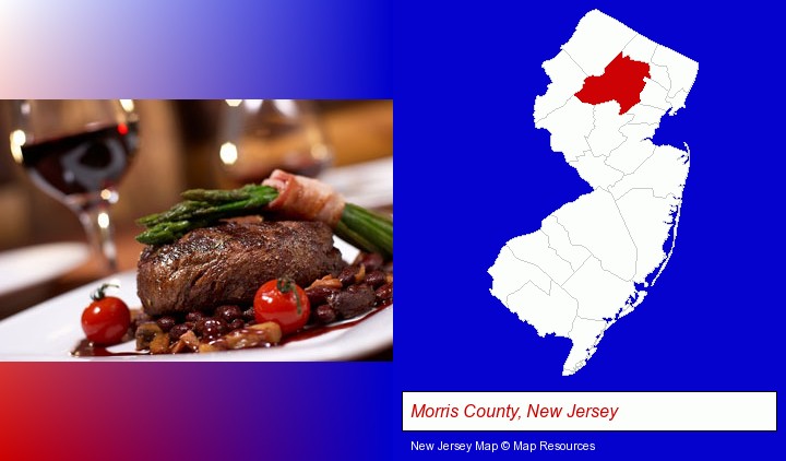 a steak dinner; Morris County, New Jersey highlighted in red on a map