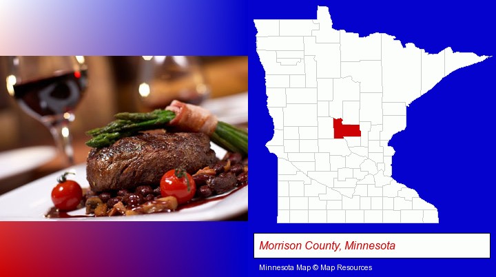 a steak dinner; Morrison County, Minnesota highlighted in red on a map