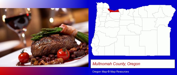 a steak dinner; Multnomah County, Oregon highlighted in red on a map