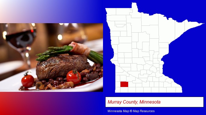 a steak dinner; Murray County, Minnesota highlighted in red on a map