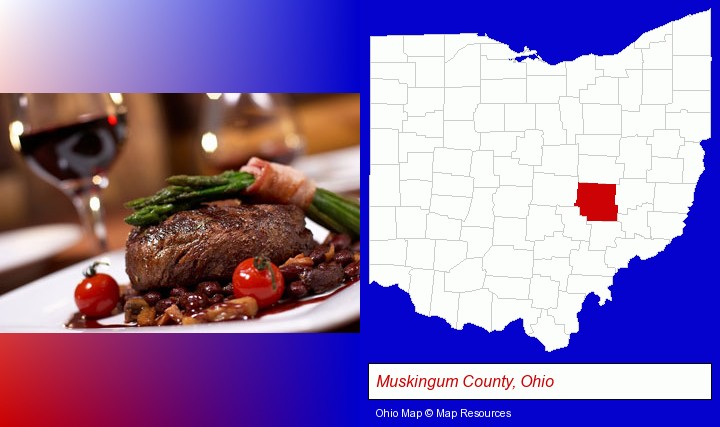 a steak dinner; Muskingum County, Ohio highlighted in red on a map