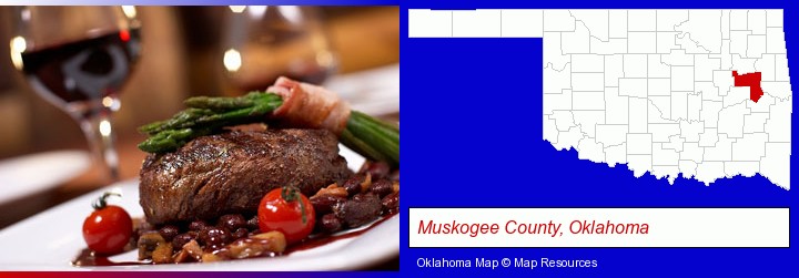a steak dinner; Muskogee County, Oklahoma highlighted in red on a map