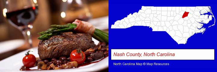 a steak dinner; Nash County, North Carolina highlighted in red on a map