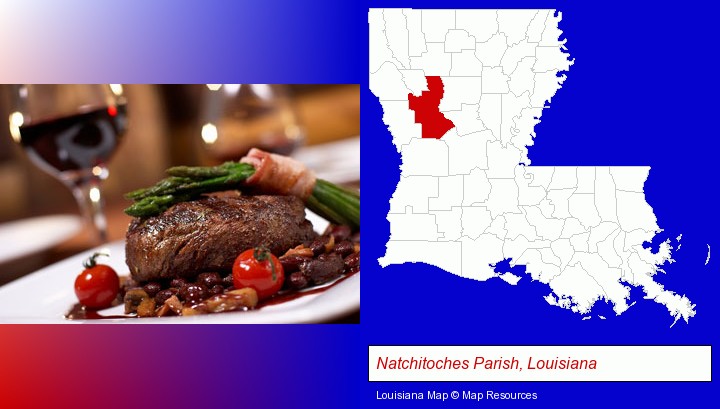 a steak dinner; Natchitoches Parish, Louisiana highlighted in red on a map