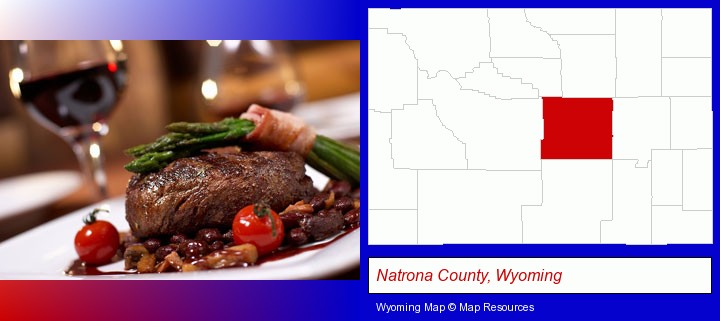 a steak dinner; Natrona County, Wyoming highlighted in red on a map