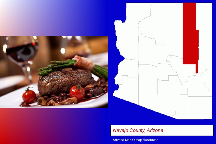 a steak dinner; Navajo County, Arizona highlighted in red on a map