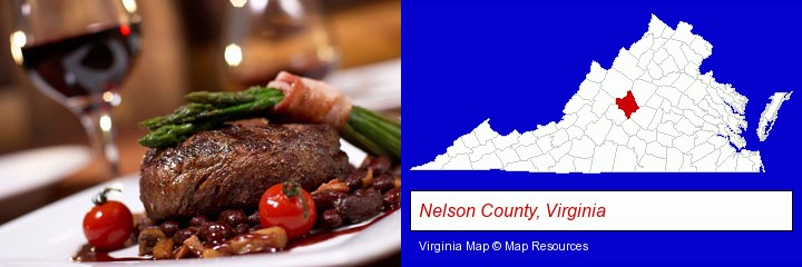 a steak dinner; Nelson County, Virginia highlighted in red on a map