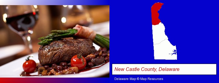 a steak dinner; New Castle County, Delaware highlighted in red on a map