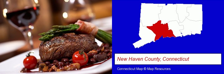 a steak dinner; New Haven County, Connecticut highlighted in red on a map