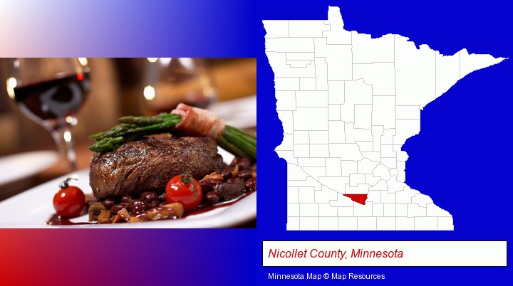 a steak dinner; Nicollet County, Minnesota highlighted in red on a map