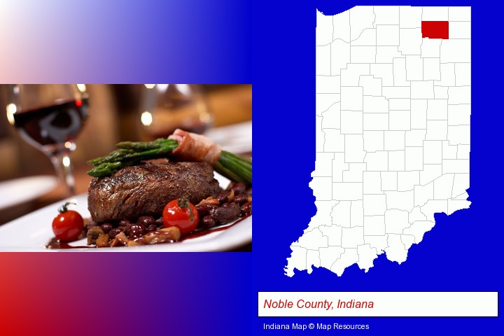 a steak dinner; Noble County, Indiana highlighted in red on a map