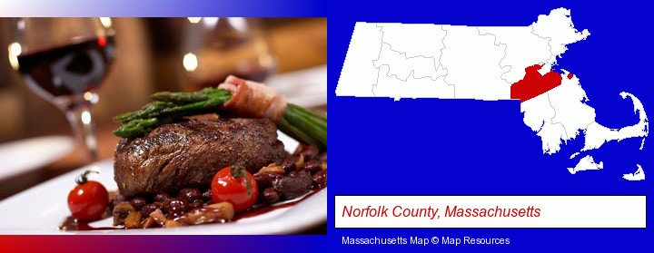 a steak dinner; Norfolk County, Massachusetts highlighted in red on a map