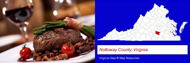 a steak dinner; Nottoway County, Virginia highlighted in red on a map