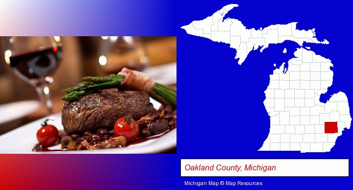 a steak dinner; Oakland County, Michigan highlighted in red on a map