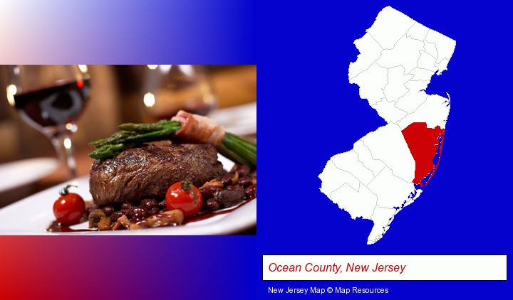 a steak dinner; Ocean County, New Jersey highlighted in red on a map