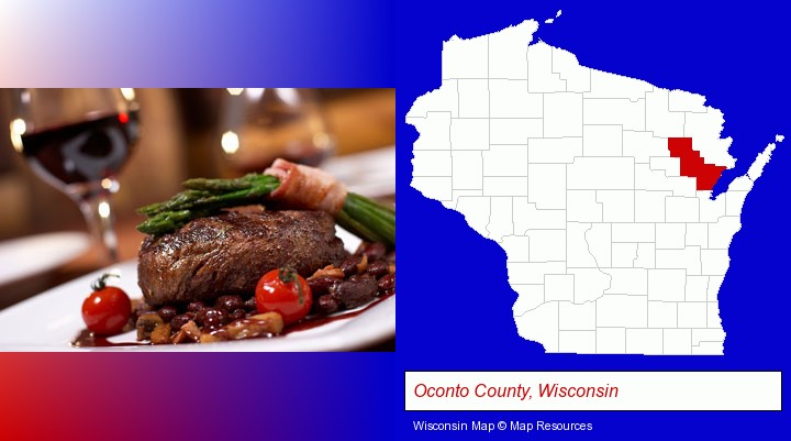 a steak dinner; Oconto County, Wisconsin highlighted in red on a map