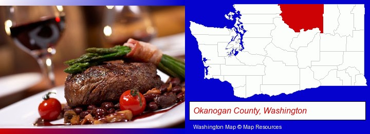 a steak dinner; Okanogan County, Washington highlighted in red on a map