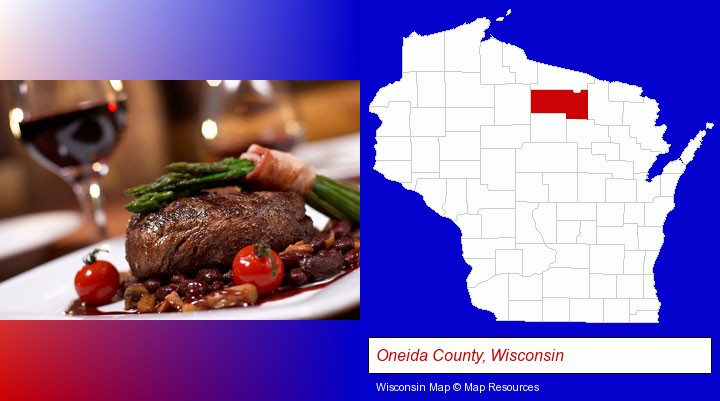 a steak dinner; Oneida County, Wisconsin highlighted in red on a map