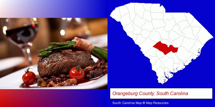 a steak dinner; Orangeburg County, South Carolina highlighted in red on a map